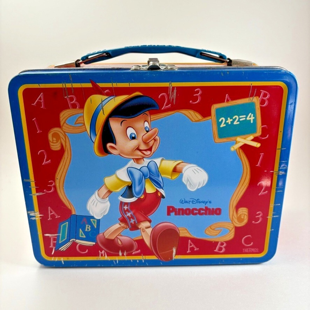 Vintage 1998 Walt Disney's Pinocchio Movie Thermos Metal Retro Lunchbox